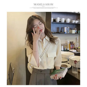 Korea One Pocket Loose Blouse Ins Summer French Sle Single-Breasted Round Neck Lace clothing Design sense fold Shirts Top