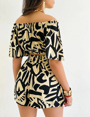 Sexy Off Shoulder Slash Neck T-shirt Shorts Set Office Lady Floral Print Lace Up Short Sleeve Two Piece Set Women Outfit 2023