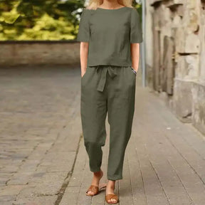 Women's Pullover Shirt And Pants Two-piece Set 2024 Women's Cotton And Linen Summer Suit Short Sleeved O-neck Outfit Pants