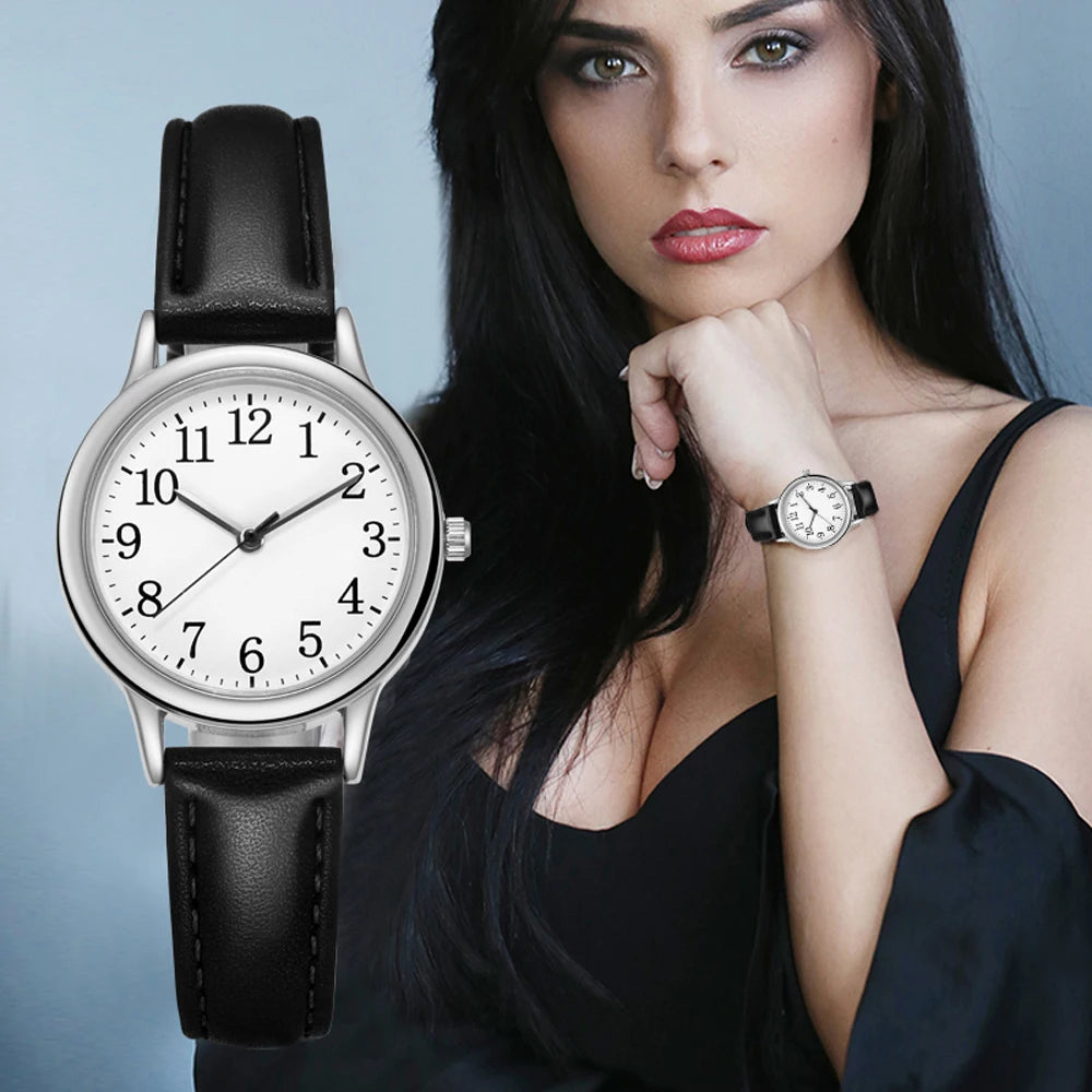 Leisure Fashion Women Quartz Watch Easy to Read Arabic Numerals Simple Dial PU Leather Strap Lady Candy Color