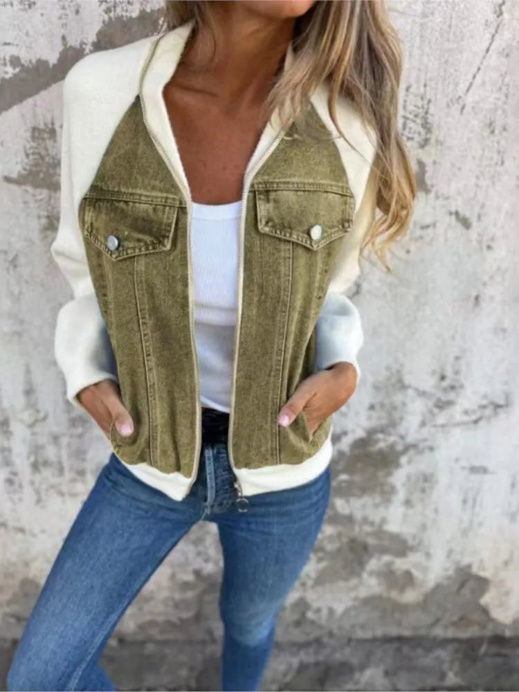 Autumn Winter New Denim Patchwork Jacket Coat For Women'S Casual Fashion Shoulder Rubbing Long Sleeve V Neck Denim Jacket Female