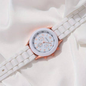 6PCS/Set Women's Watches Casual Silicone Band Analog Quartz Watch Heart Pearls Jewelry Set(Without Box)