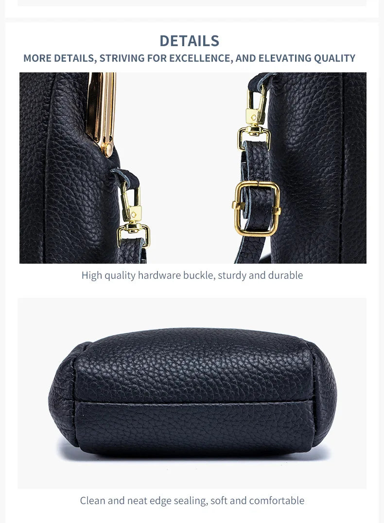 2024New Vintage Women Clip Bags Genuine Leather Mobile Phone Purse Bag Kiss Lock Crossbody Bags