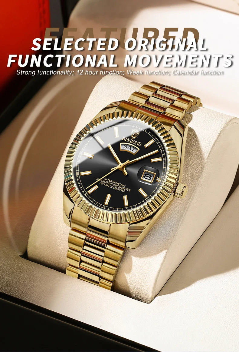 BINBOND B7012 Mens Fashion Business Sports Quartz Watch 30M Waterproof Luminous Classic Calendar Creative Clock Mens Wristwatch