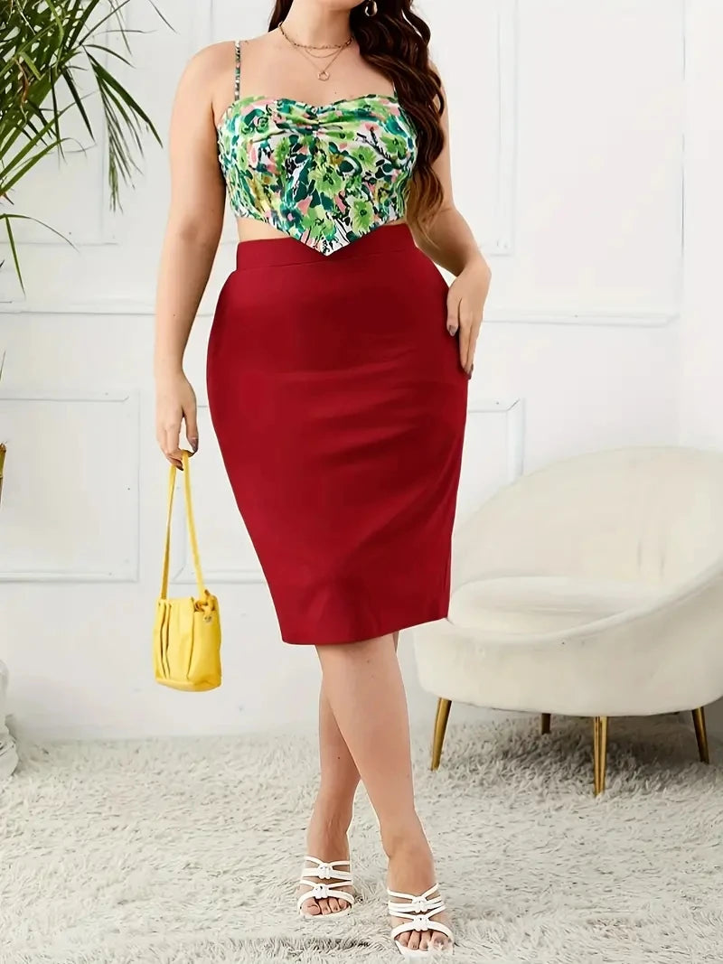 2024 Summer Plus Size Solid Slim Skirt, Casual High Waist Slit Skirt, Women's Plus SizeClothing