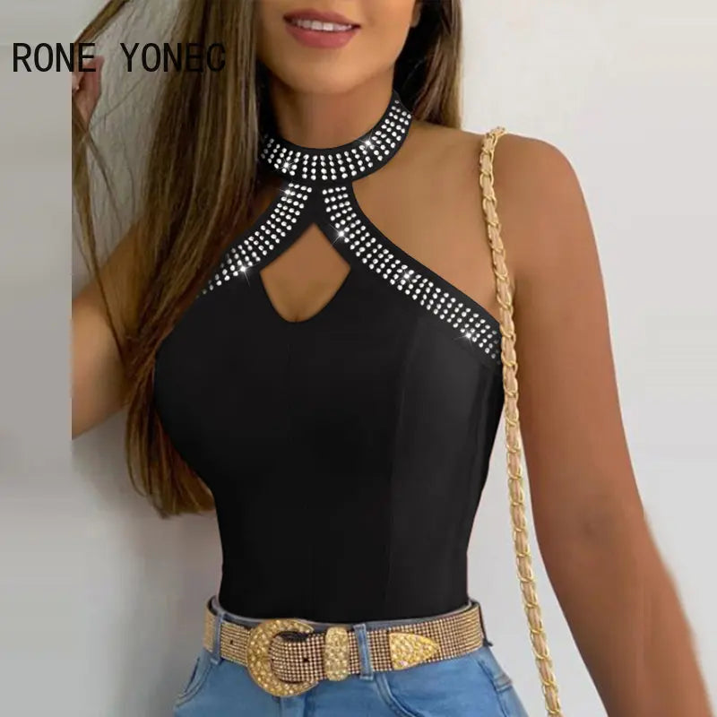 Women Chic Sexy Hollow out  Halter Sleeveless Rhinestone Decoration Summer Casual Sexy Camis Crop Tops