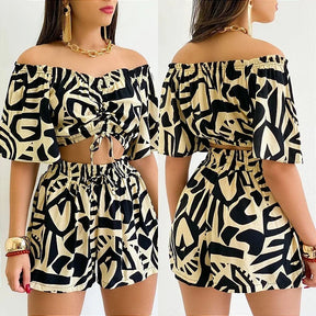 Sexy Off Shoulder Slash Neck T-shirt Shorts Set Office Lady Floral Print Lace Up Short Sleeve Two Piece Set Women Outfit 2023