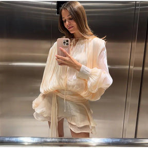 Fashion Ruffles Hem Solid Mini Dress Women Elegant O-neck Lantern Sleeve Short Dresses 2025 New High Street Vocation Vestidos