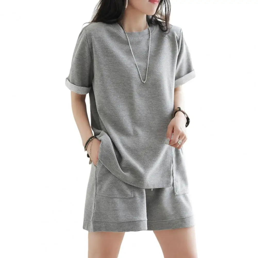 Casual Summer Top and Shorts Set for Women Tracksuit Two-piece Suit Female Sports Short Sleeve Wide Leg Solid Color Outfits