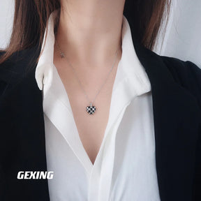 Classic S925 Sterling Silver Black and White Checkered Love Heart Necklace-Unique Nordic Style Jewelry