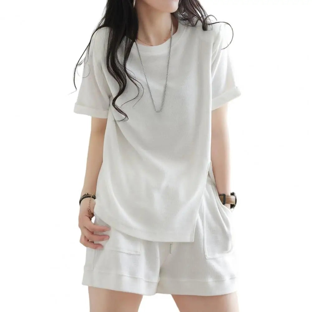 Casual Summer Top and Shorts Set for Women Tracksuit Two-piece Suit Female Sports Short Sleeve Wide Leg Solid Color Outfits
