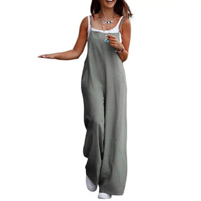 Summer Women Jumpsuit Backless Sleeveless Spaghetti Strap Wide Leg Lady Jumpsuit Deep Crotch Pockets Full Length Female Jumpsuit