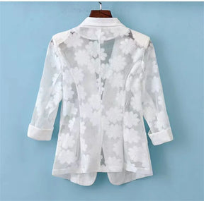 Women Blazer Jacket Spring Summer New Thin Cardigan Sun Protection Clothing Hollow Lace Three-quarter Sleeve Suit Top Ladies