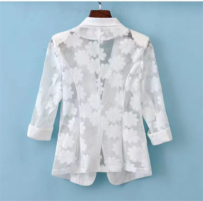 Women Blazer Jacket Spring Summer New Thin Cardigan Sun Protection Clothing Hollow Lace Three-quarter Sleeve Suit Top Ladies