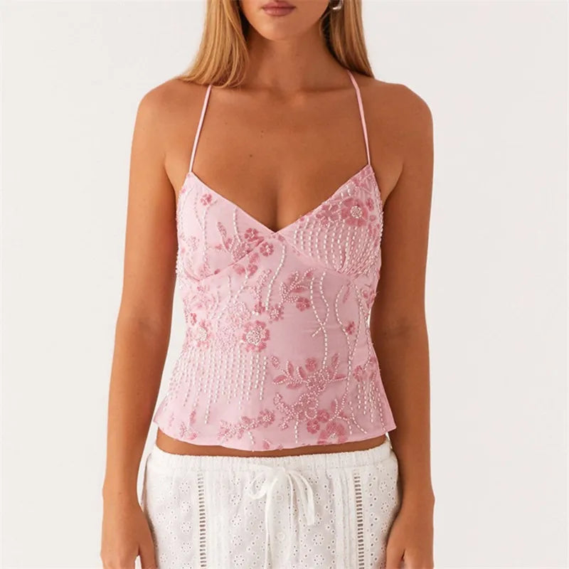 hirigin Sequin Halter Crop Tops for Women Y2k Pearl Embellished Cami Tops Summer Glitter V Neck Rhinestone Camisole Tank Shirt