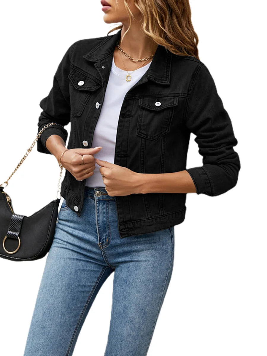 Women Denim Jacket Solid Color Black Blue Yellow Pink Red Casual Long Sleeve Button Down Chest Pocket Jean Jacket