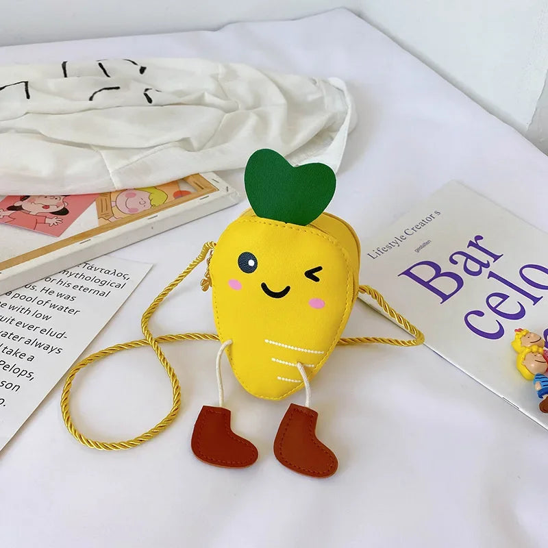 New Mini Cartoon Carrot PU Leather Children's Small Crossbody Bag Cute Kids One Shoulder Bag Boy Girl Sweet Messenger Bag Purse