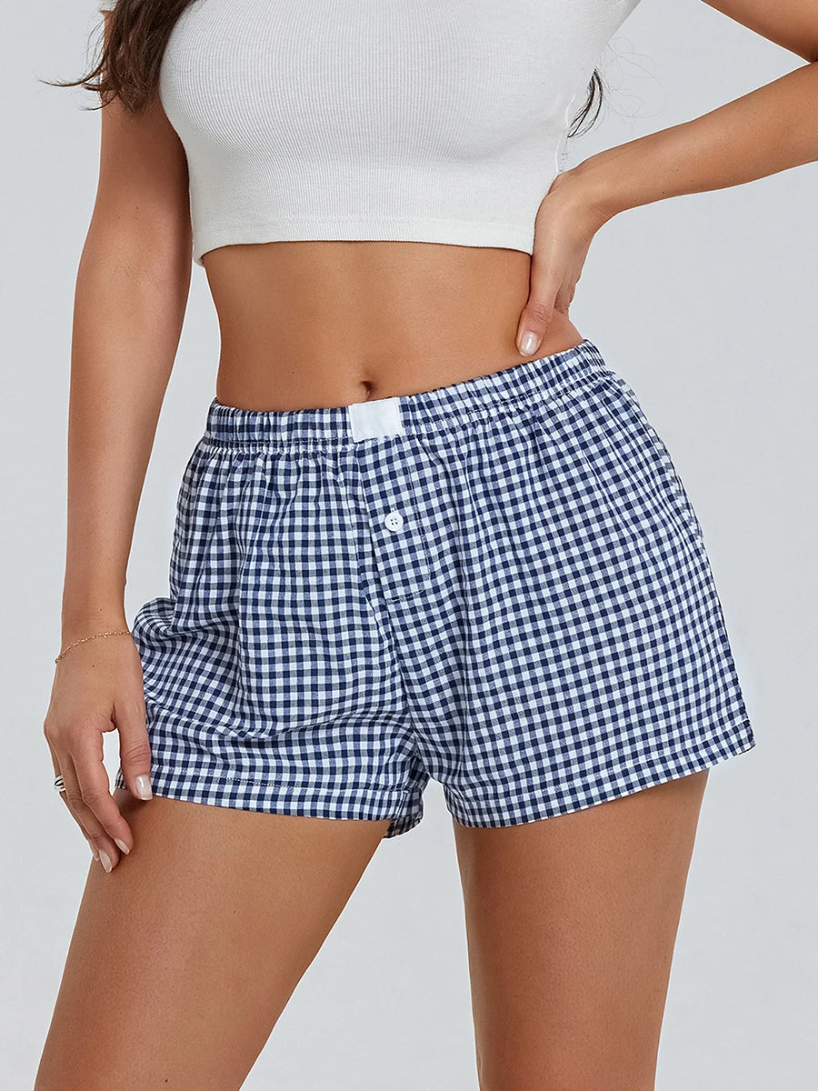 Women s Y2K Summer Lounge Shorts Checkered Printed Sports Shorts with Button Elastic Pajamas Short for Women