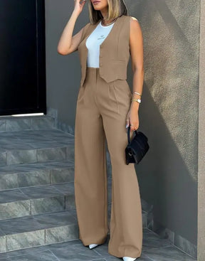 Women OL Blazer Pant Sets 2 Pieces Casual Slim Notched Cardigan Blazer Waistcoat&High Elastic Pocket Wide Leg Trousers Suits