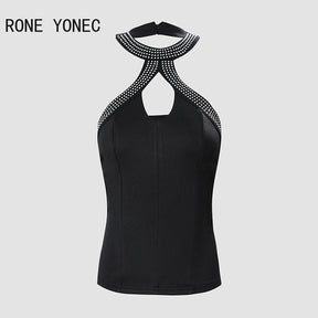 Women Chic Sexy Hollow out  Halter Sleeveless Rhinestone Decoration Summer Casual Sexy Camis Crop Tops
