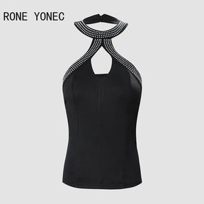 Women Chic Sexy Hollow out  Halter Sleeveless Rhinestone Decoration Summer Casual Sexy Camis Crop Tops
