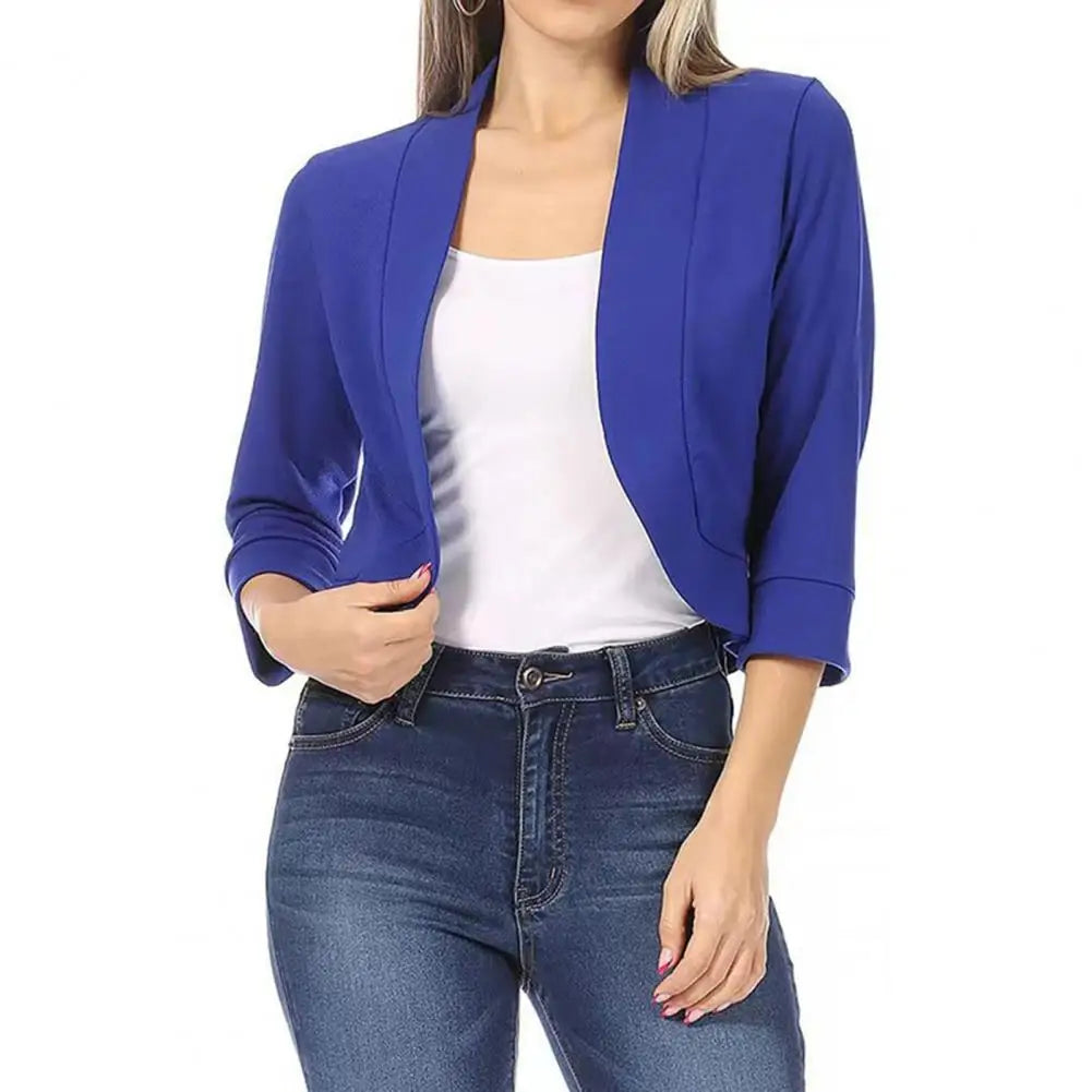 Cropped Women Blazer Temperament Cardigan All-match 3/4 Sleeve Office Suit Jacket Slim Fit No Button Business Coat Outerwear