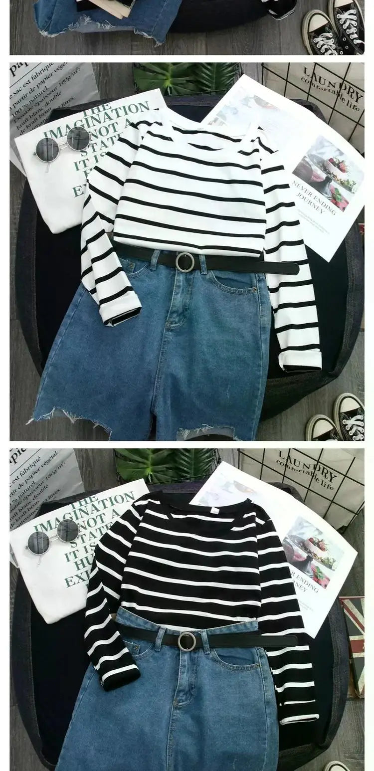 Women Loose Round Collar Autumn Stripes Print Loose Long Sleeve Casual Simple Wild T-Shirt