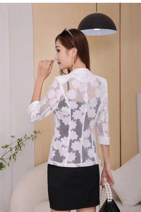 Women Blazer Jacket Spring Summer New Thin Cardigan Sun Protection Clothing Hollow Lace Three-quarter Sleeve Suit Top Ladies