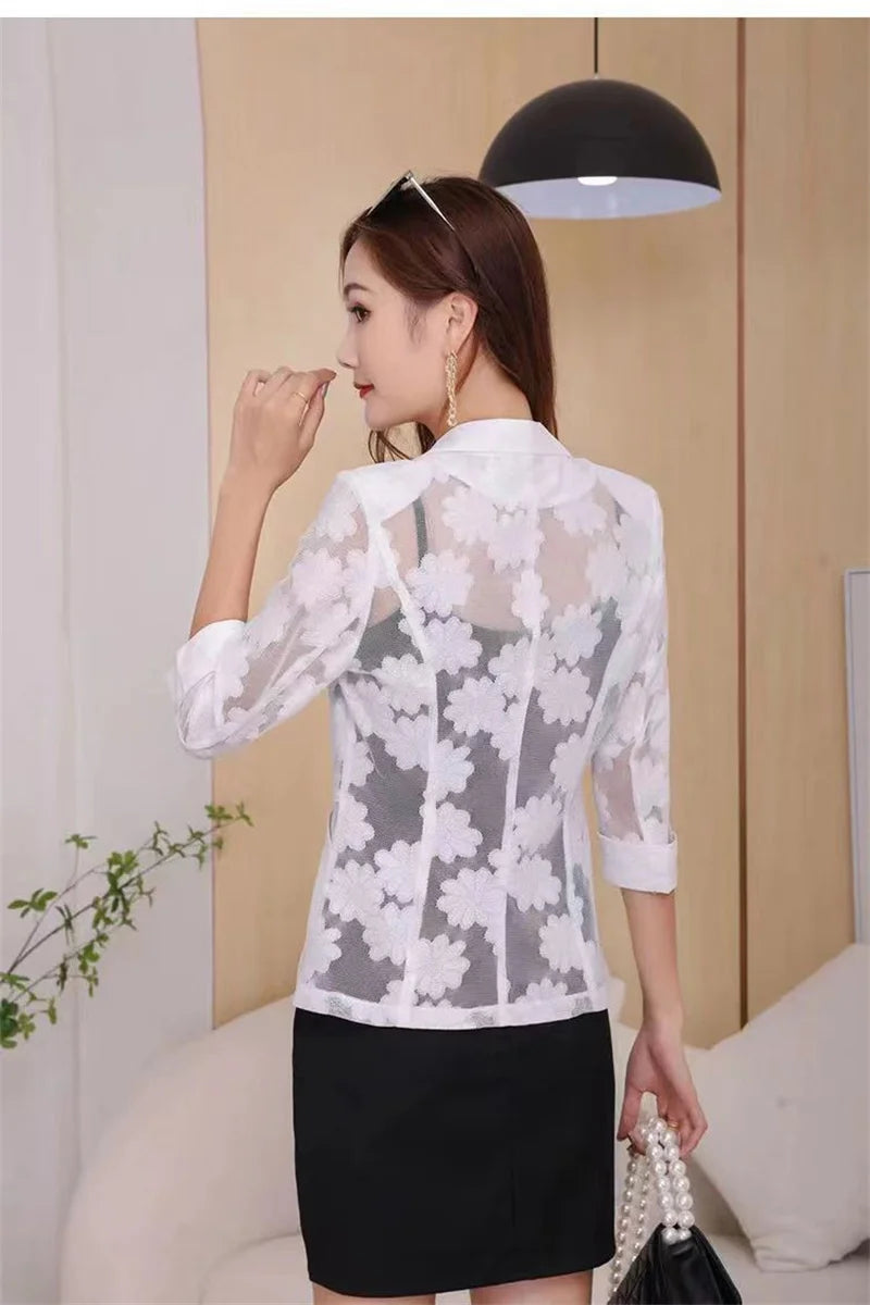 Women Blazer Jacket Spring Summer New Thin Cardigan Sun Protection Clothing Hollow Lace Three-quarter Sleeve Suit Top Ladies
