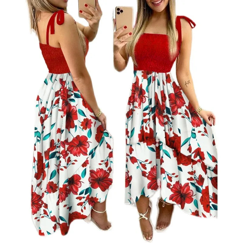 Summer Women's 2025  new irregular strapless halter sleeveless long dress Sling Patchwork Print Irregular Tube Top Dress