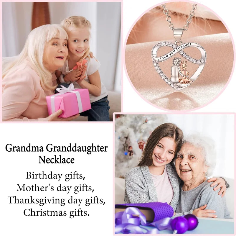 Grandma Granddaughter Necklace W Wish Card, Infinity Heart Pendant Birthday Mother's Day Christmas Gifts Jewelry for Women Girls