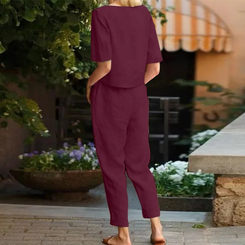 Women's Pullover Shirt And Pants Two-piece Set 2024 Women's Cotton And Linen Summer Suit Short Sleeved O-neck Outfit Pants