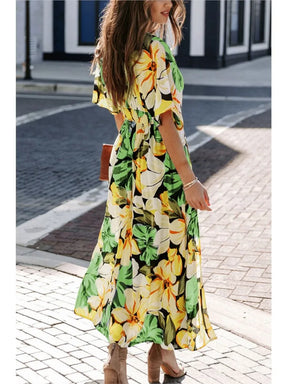 Casual Print Women Dress Summer Fahsion V Neck Short Sleeve Office Elegant Maxi Dresses Female Holiday Beach Party Dress New
