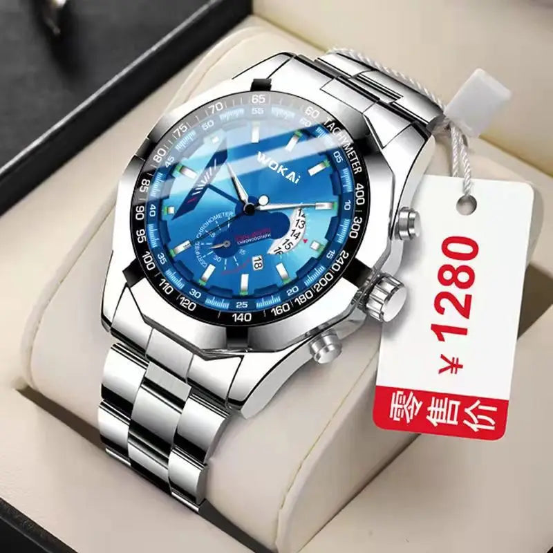 WOKAI high quality large dial men's European style waterproof luminous personality calendar watch boy business clock retro