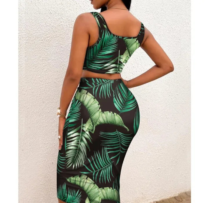 Two Pieces Set Outfits Women 2024 Summer Sexy Sleeveless Suspender Top and High Waisted Tight Fitting Hip Wrap Skirt Print Suits
