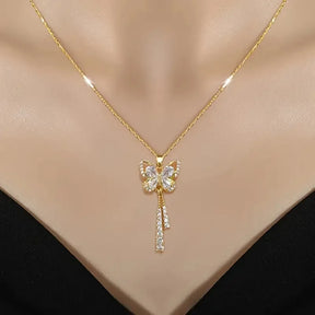 Exquisite Micro Inlaid Zircon Butterfly Tassel Necklace with Titanium Steel, Perfect Gift for Fashion-forward Women