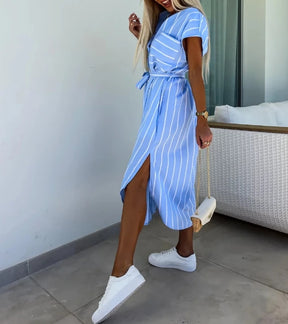 Elegant Women's Summer Dresses Commuter Casual Striped Strap Waist Collar Short Sleeve Casual Pocket Asymmetric Shirt Long Dress