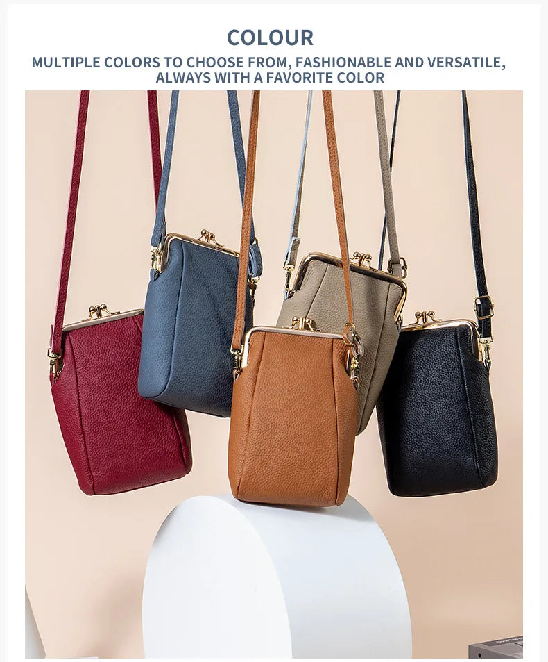 2024New Vintage Women Clip Bags Genuine Leather Mobile Phone Purse Bag Kiss Lock Crossbody Bags
