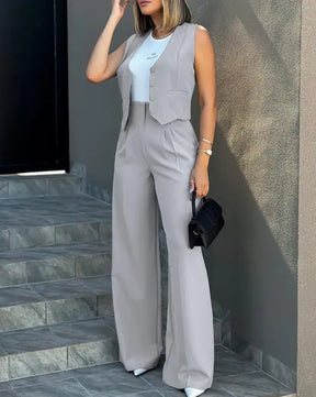 Women OL Blazer Pant Sets 2 Pieces Casual Slim Notched Cardigan Blazer Waistcoat&High Elastic Pocket Wide Leg Trousers Suits