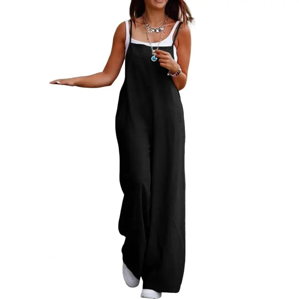 Summer Women Jumpsuit Backless Sleeveless Spaghetti Strap Wide Leg Lady Jumpsuit Deep Crotch Pockets Full Length Female Jumpsuit