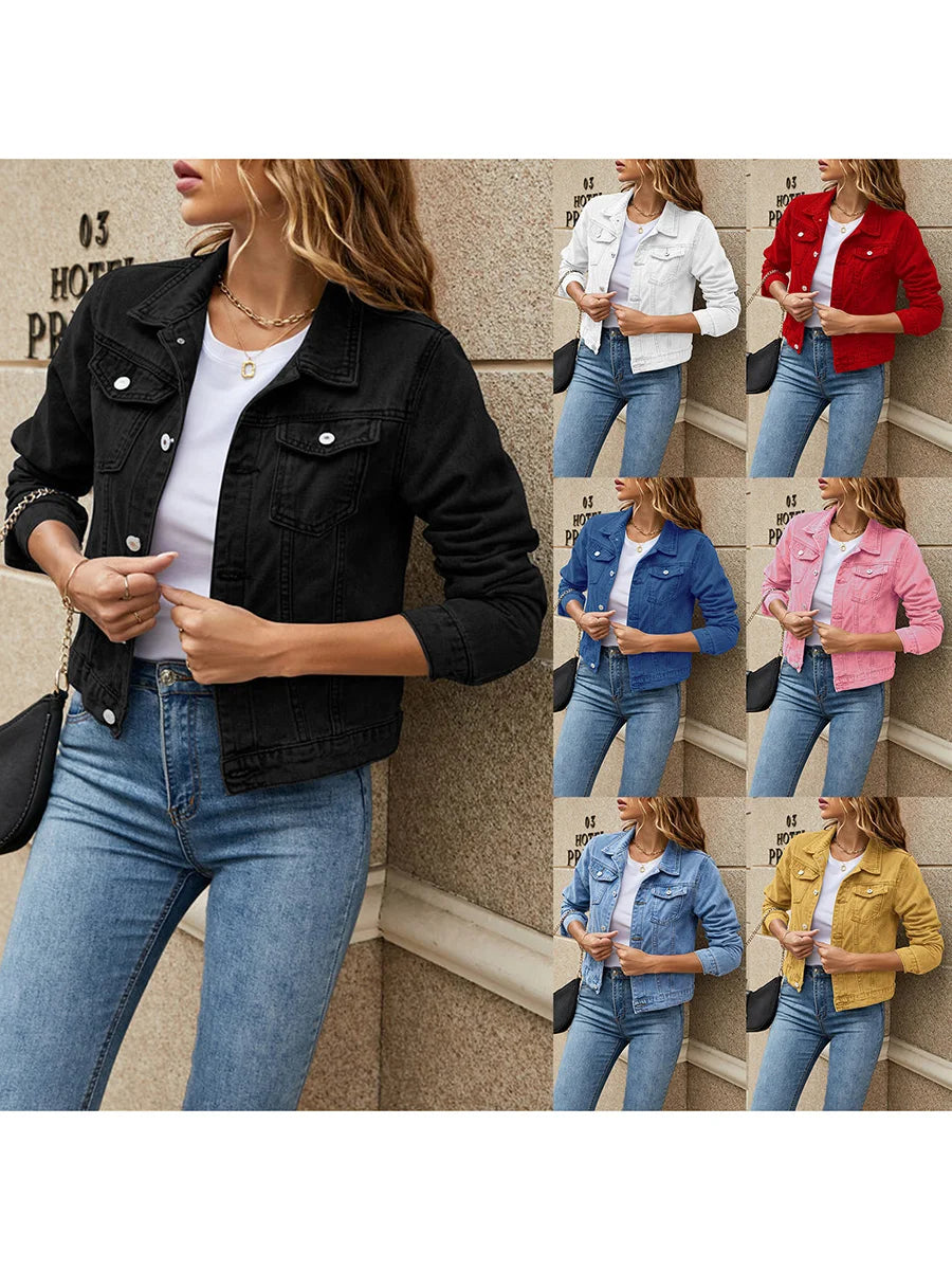 Women Denim Jacket Solid Color Black Blue Yellow Pink Red Casual Long Sleeve Button Down Chest Pocket Jean Jacket