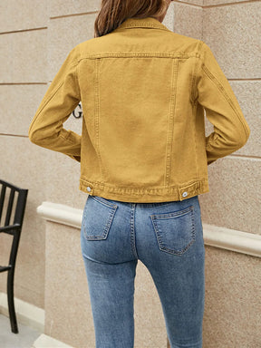 Women Denim Jacket Solid Color Black Blue Yellow Pink Red Casual Long Sleeve Button Down Chest Pocket Jean Jacket