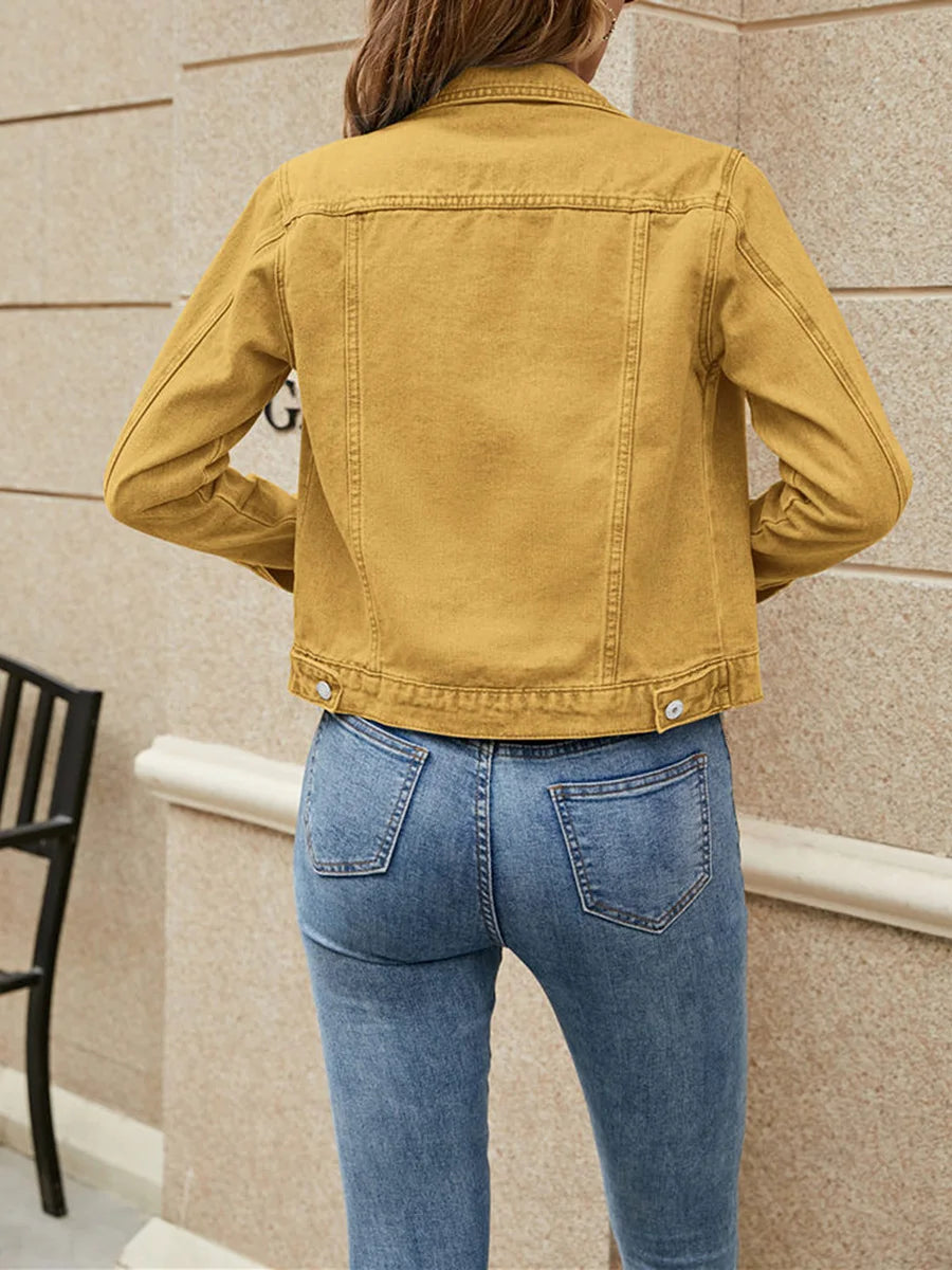 Women Denim Jacket Solid Color Black Blue Yellow Pink Red Casual Long Sleeve Button Down Chest Pocket Jean Jacket