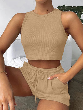 2024 Summer New Sleeveless Waffle Elegant Women's Sets Solid Color Sexy Waist Vest Casual Tethered Shorts Female's Two-Piece Set