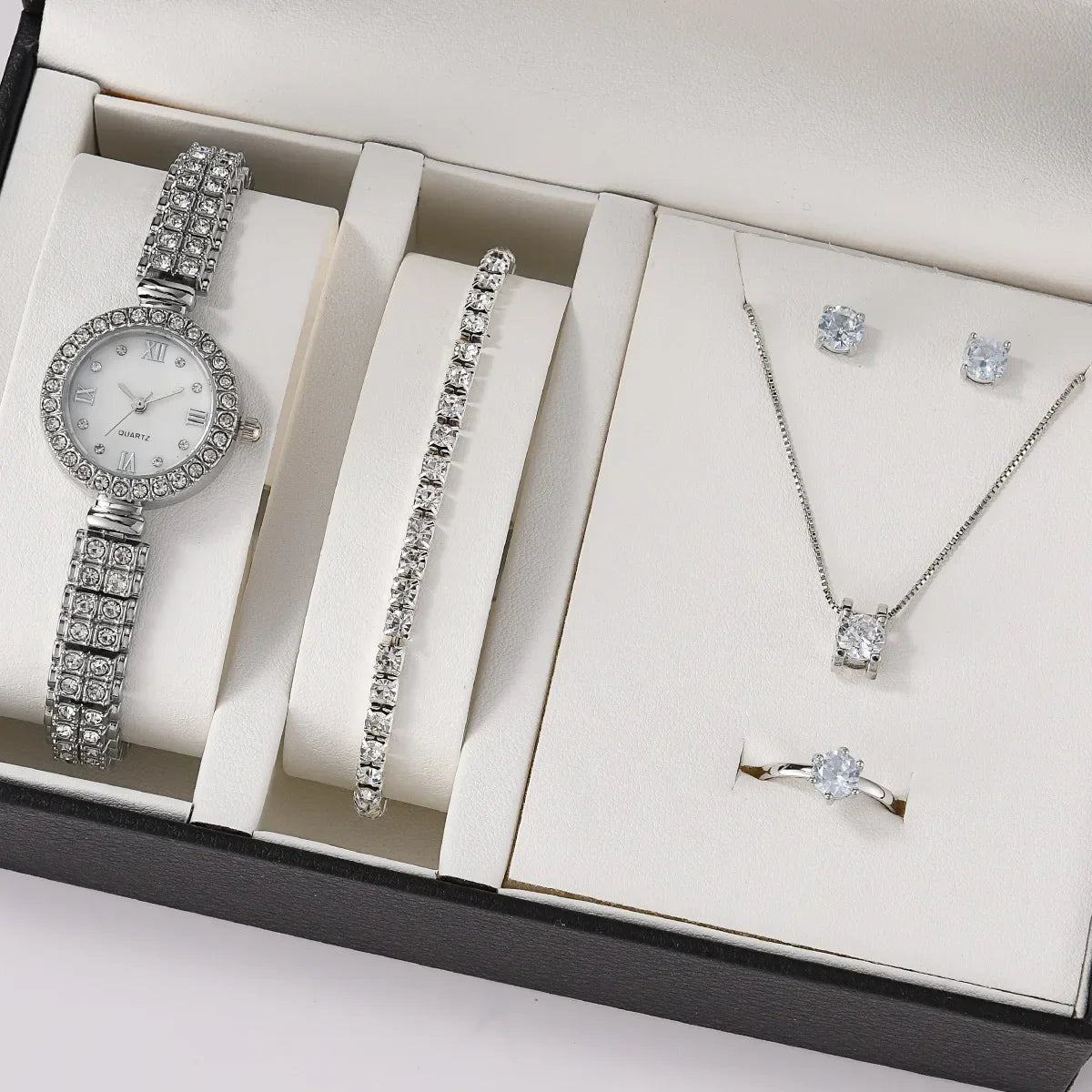 Women Quartz Watch Luxury with Diamonds Simple Stainless Steel Strap Clock Ring Necklace Earrings Rhinestone Set Reloj (no Box)