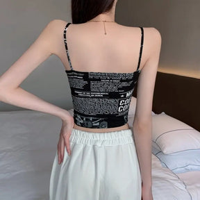 Women Push Up Camisole Padded Bra Sexy Top Suspender Tanks Fashion Printed Newspaper Camis Female Soft Sleeveless Tube Tops