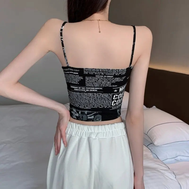 Women Push Up Camisole Padded Bra Sexy Top Suspender Tanks Fashion Printed Newspaper Camis Female Soft Sleeveless Tube Tops