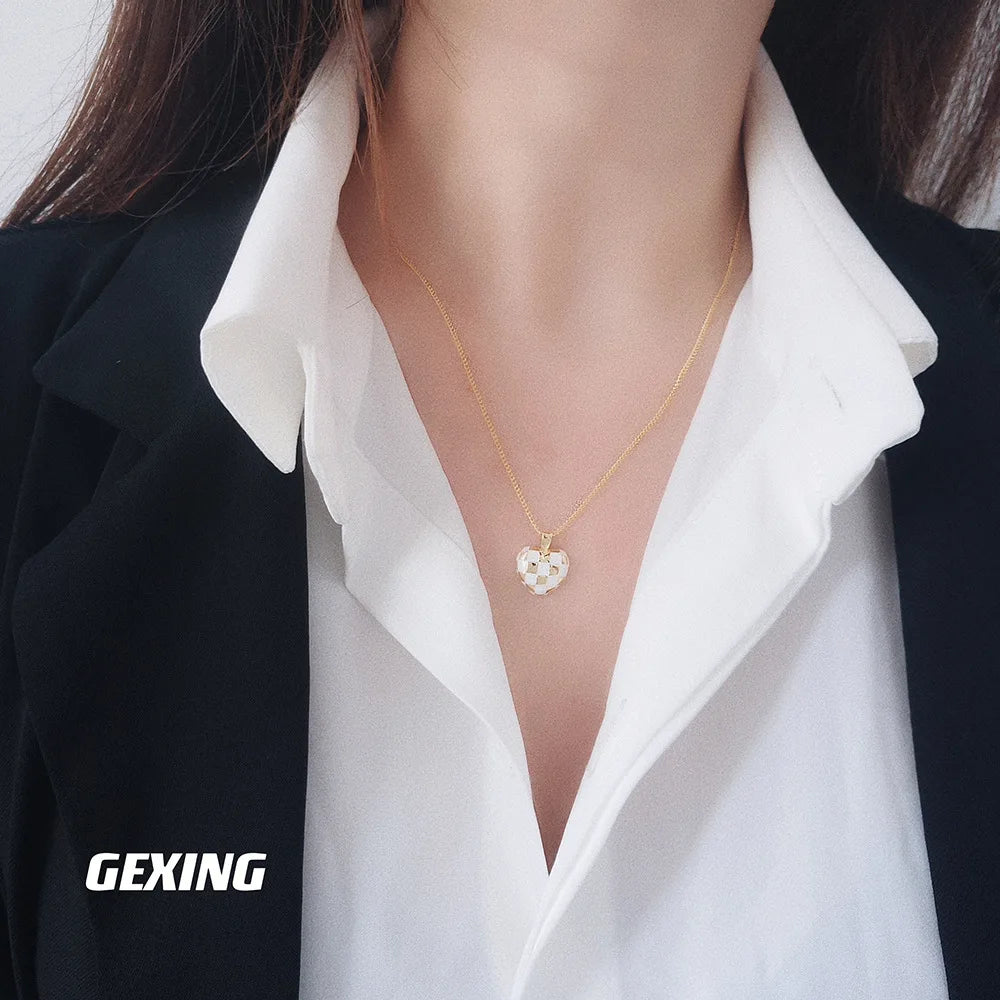 Classic S925 Sterling Silver Black and White Checkered Love Heart Necklace-Unique Nordic Style Jewelry