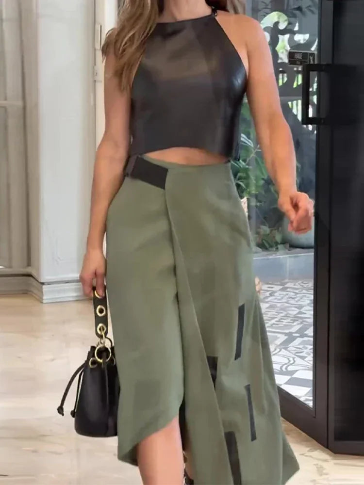 Fashion Pu Leather Vest Skirt Sets Women Sleeveless Cropped Tops with Split Slim Skirts Suits 2024 New Chic Ladies Streetwear