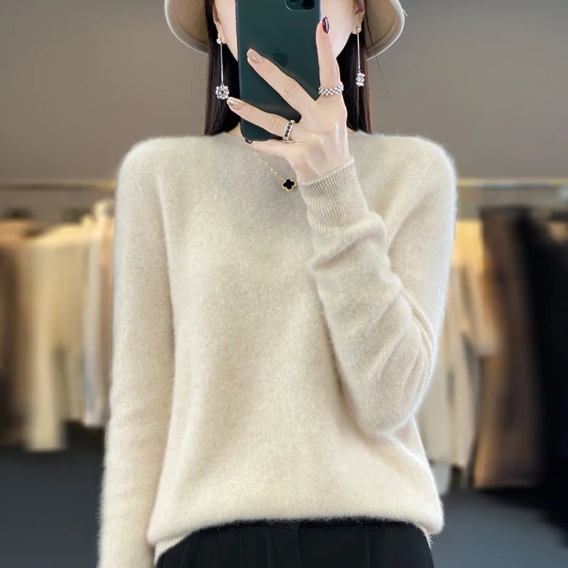 100% pure wool cashmere sweater women's O-neck pullover casual knit top autumn and winter women's coat Korean fashion